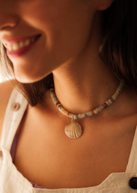 Pirate Necklace — beaded necklace with shell, on model — MYFASHIONFRUIT