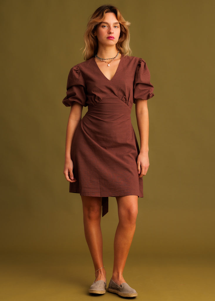 Celina Dress — Brown wrap dress with puff sleeves on model — MYFASHIONFRUIT