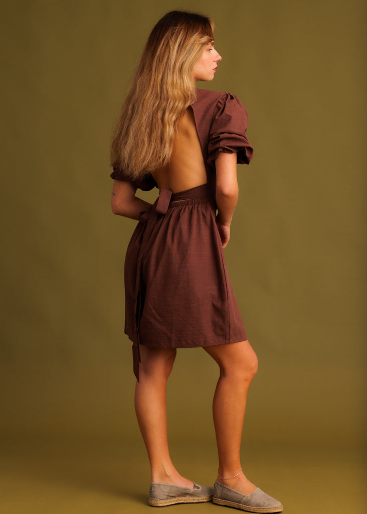 Celina Dress — Brown open back dress on model — MYFASHIONFRUIT