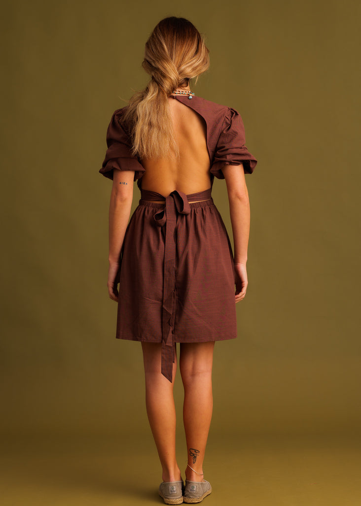 Celina Dress — Brown dress with tie on model, back view — MYFASHIONFRUIT