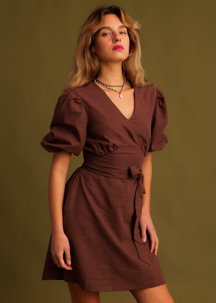 Celina Dress — Brown wrap dress on model — MYFASHIONFRUIT