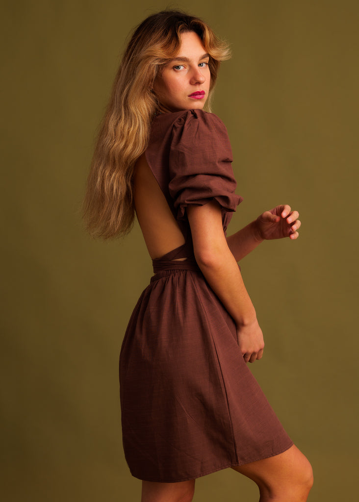 Celina Dress — Brown open back dress on model — MYFASHIONFRUIT