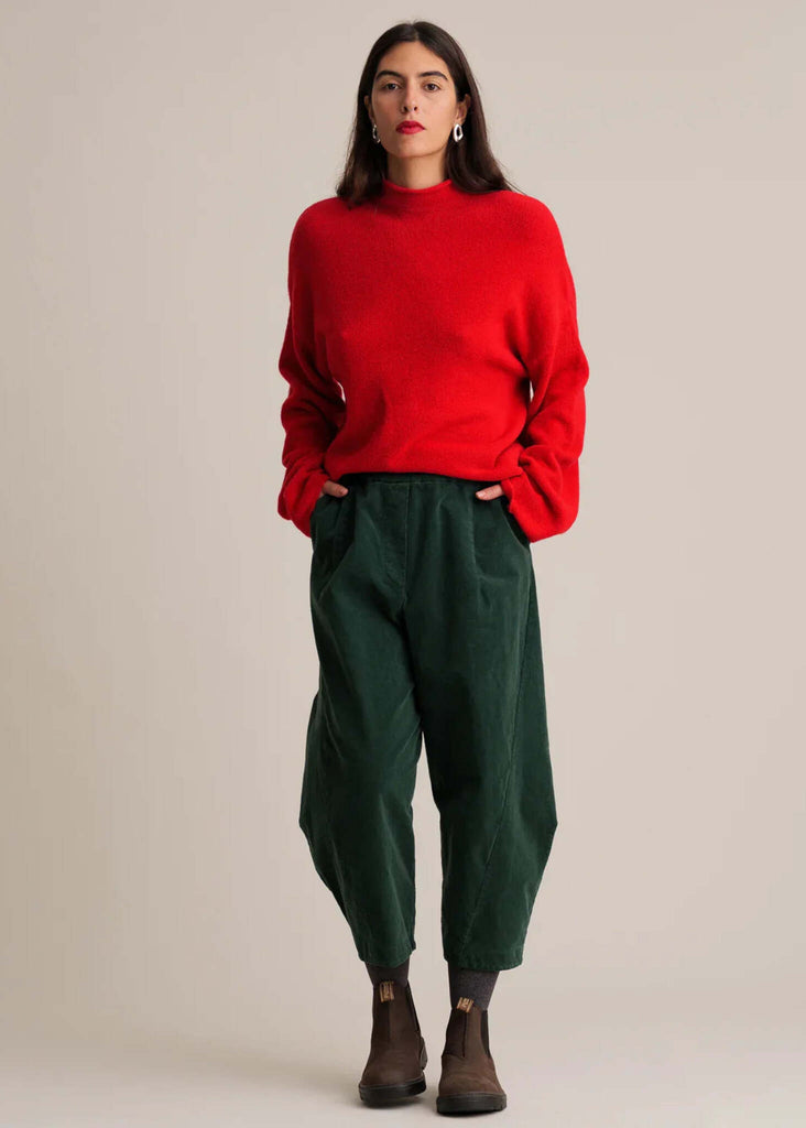 Rhonda Pants — Green corduroy, barrel leg, on model — MYFASHIONFRUIT