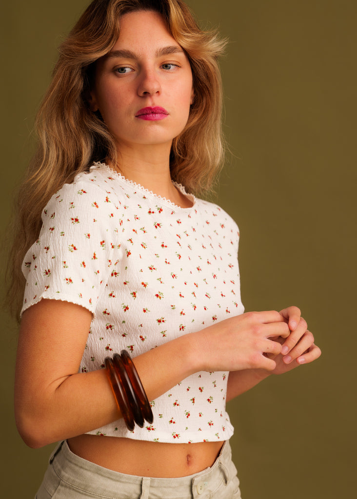 Sofie T-Shirt — White floral top on model — MYFASHIONFRUIT