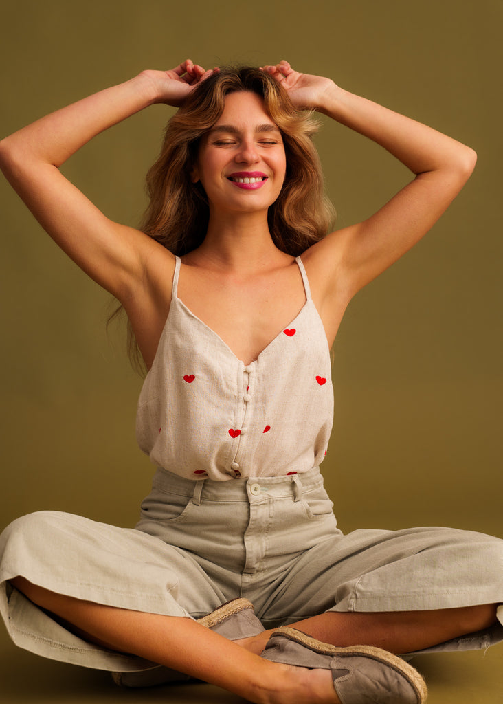 Marnie Top — Beige heart-print top on model — MYFASHIONFRUIT