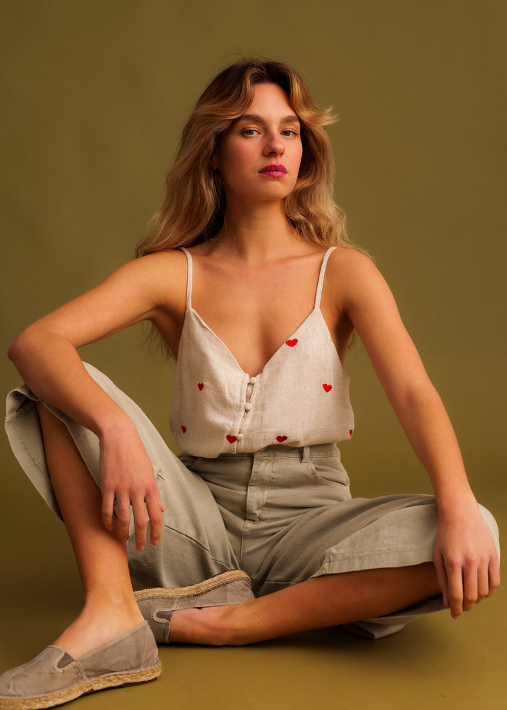 Marnie Top — Cream linen top with red hearts on model — MYFASHIONFRUIT