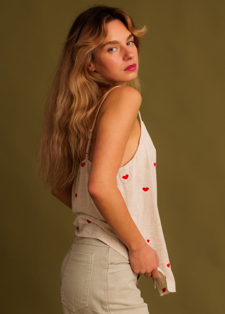 Marnie Top — Linen top with embroidered hearts on model — MYFASHIONFRUIT