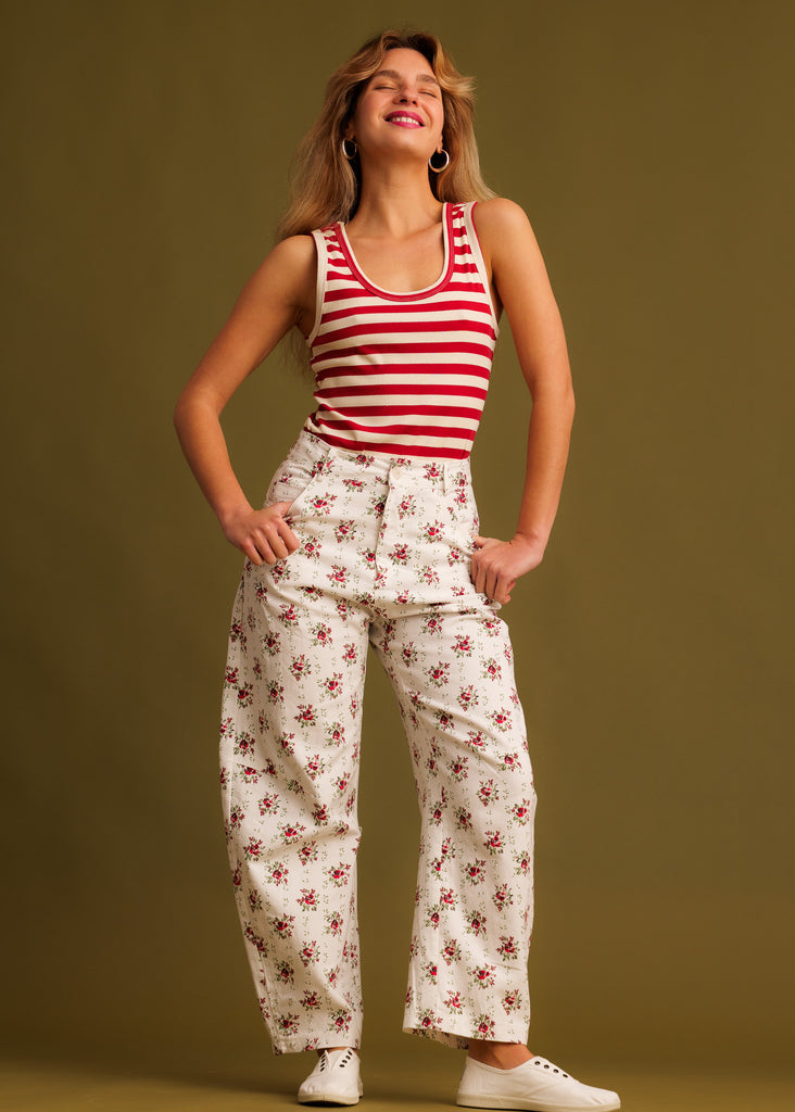 April Jeans — Floral pants with red top on model — MYFASHIONFRUIT