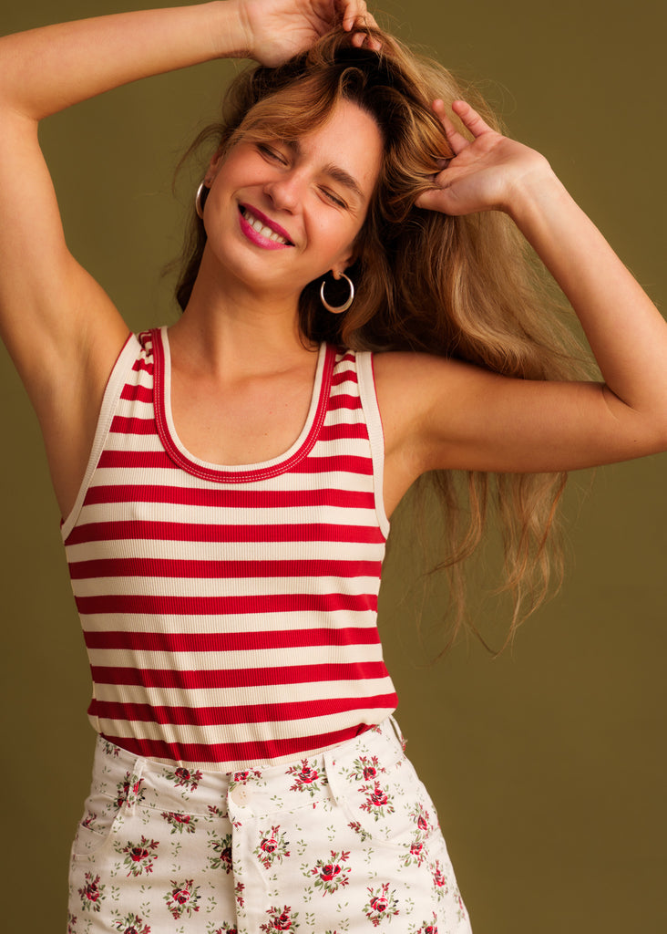 Arletta Top — Red and white striped tank top on model — MYFASHIONFRUIT