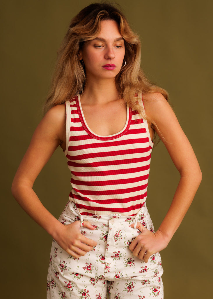 Arletta Top — Red & white striped tank top on model — MYFASHIONFRUIT