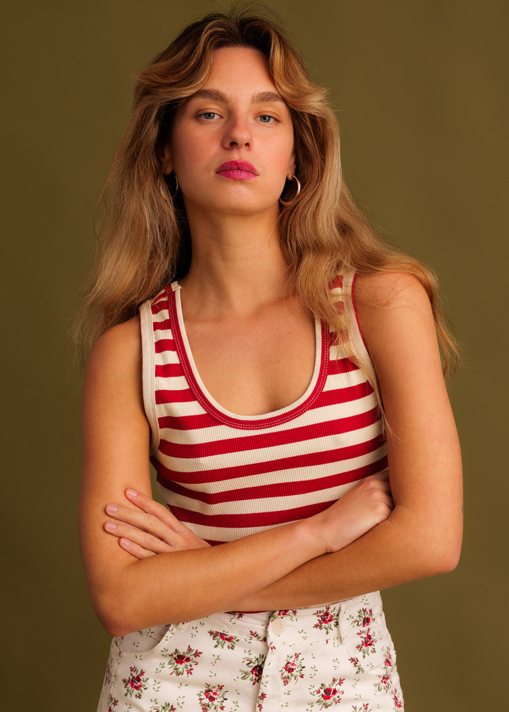 Arletta Top — Red & white striped tank on model — MYFASHIONFRUIT