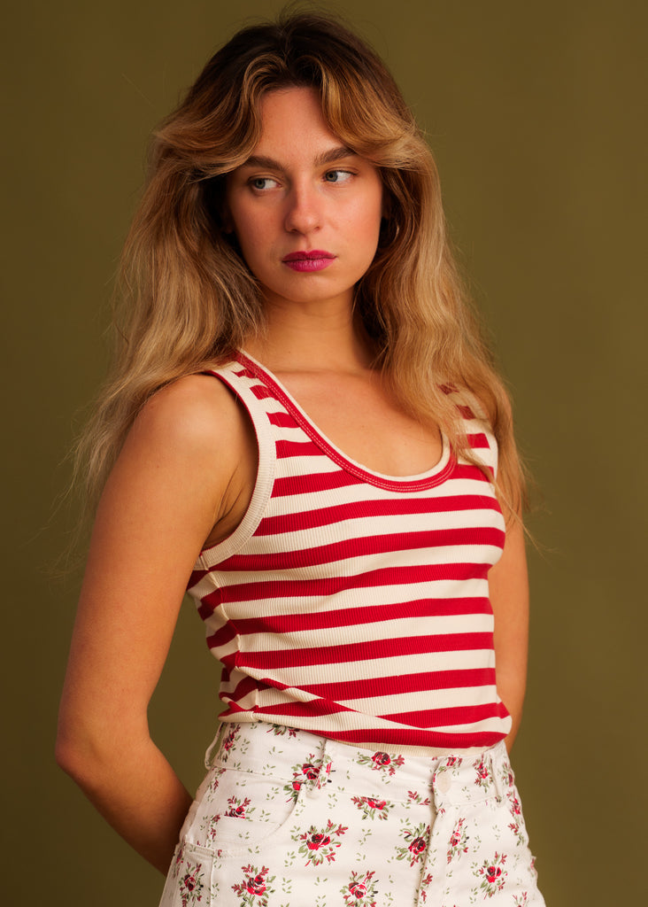 Arletta Top — Red & white stripe ribbed tank on model — MYFASHIONFRUIT
