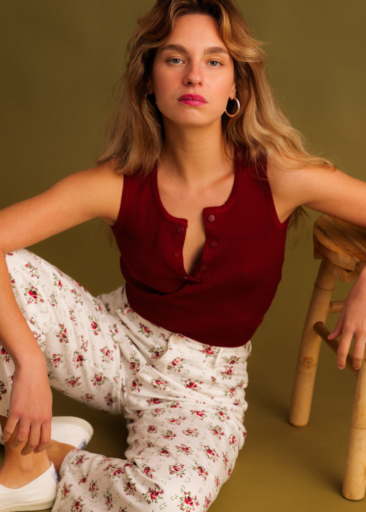 Sandria Top — Burgundy ribbed top on model — MYFASHIONFRUIT