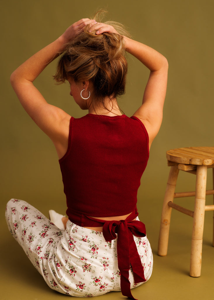Sandria Top — Red ribbed top with back tie on model — MYFASHIONFRUIT