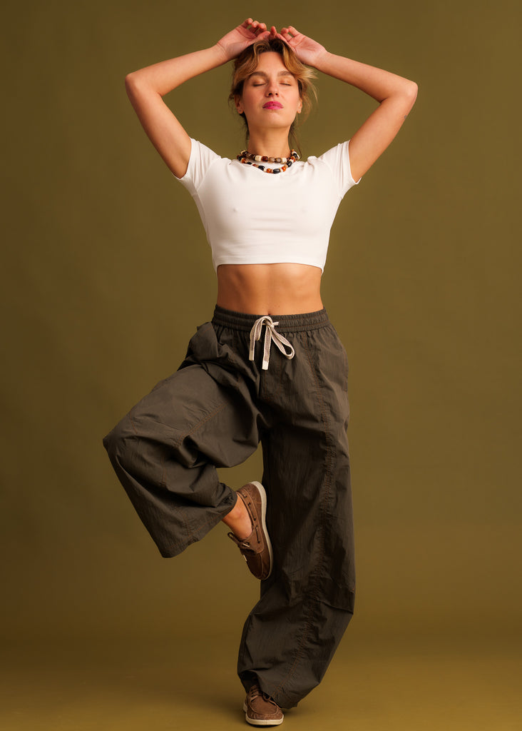 Iggy Pants — Olive wide-leg pants on model — MYFASHIONFRUIT