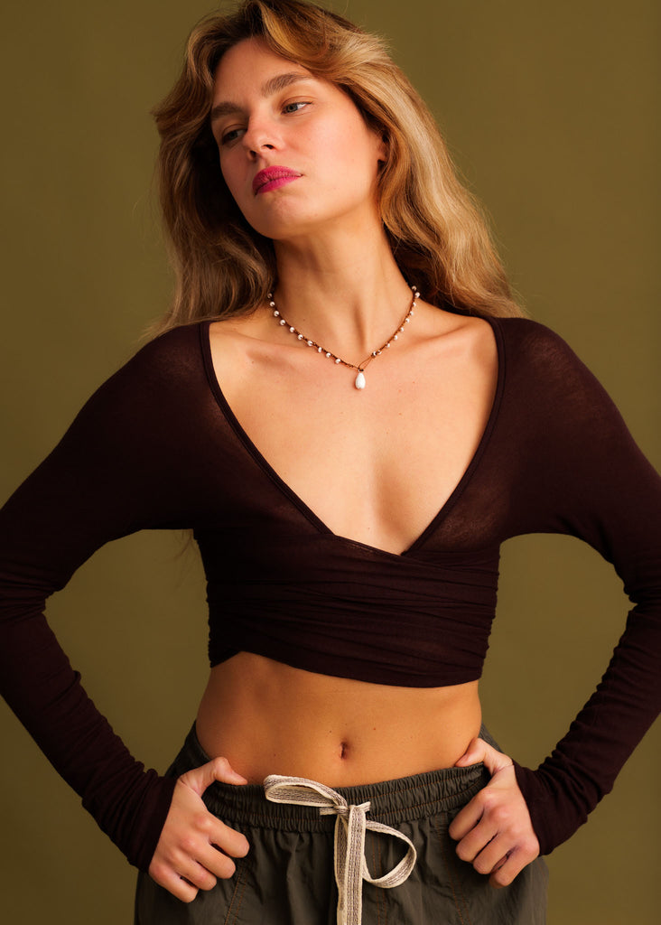 Jin Cardi — Brown wrap top on model — MYFASHIONFRUIT