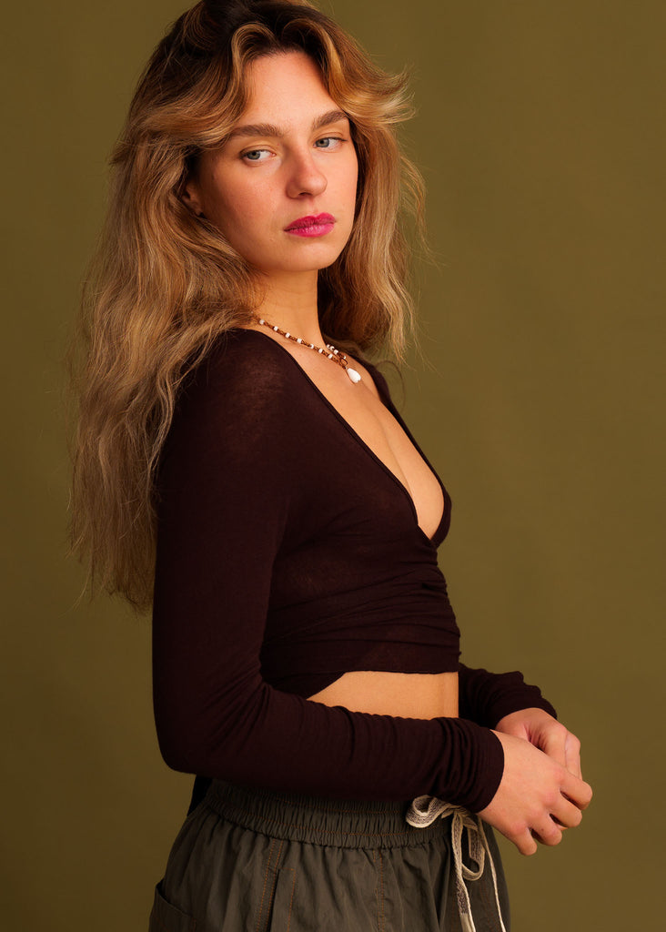 Jin Cardi — Deep V top in brown, on model — MYFASHIONFRUIT