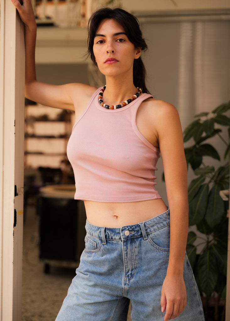 Bobbie Tank Top — Pink ribbed top on model — MYFASHIONFRUIT