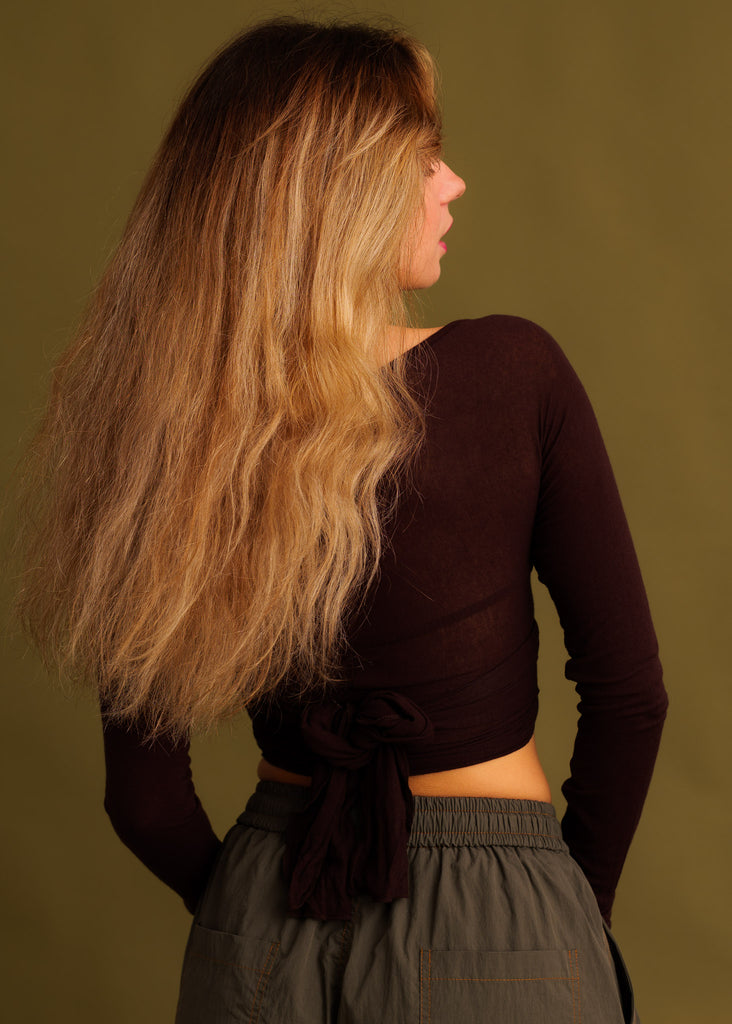 Jin Cardi — Brown tie-back top on model — MYFASHIONFRUIT