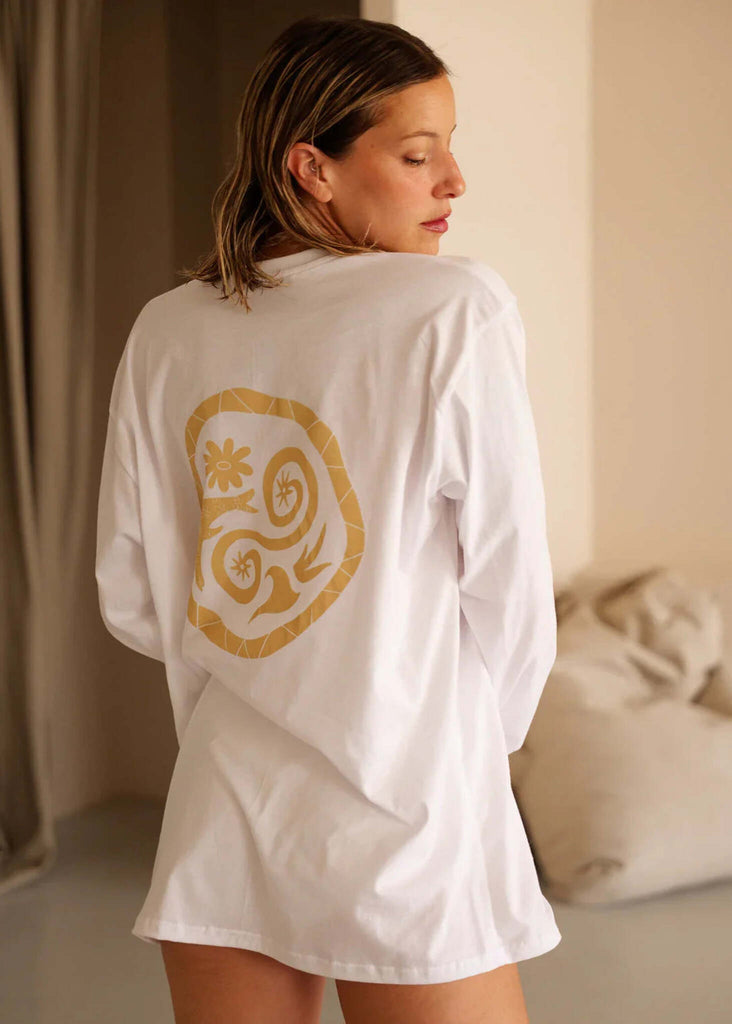 Mff Barefoot Unisex Longsleeve — White with gold back print, on model — MYFASHIONFRUIT