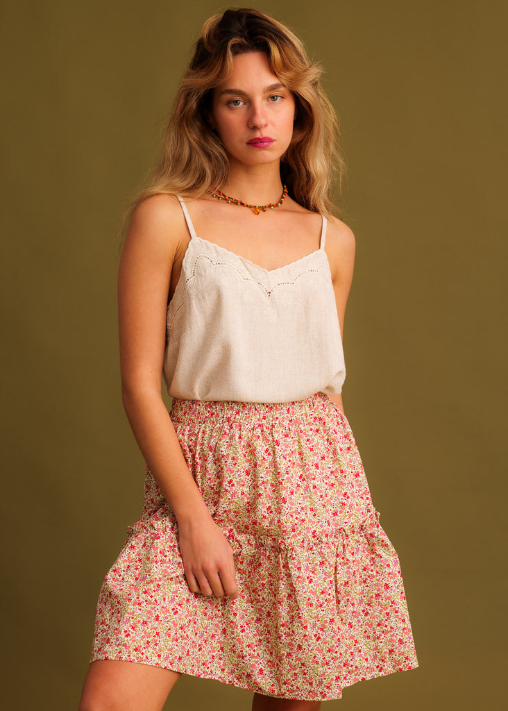 Lotta Skirt — Pink floral mini skirt on model — MYFASHIONFRUIT