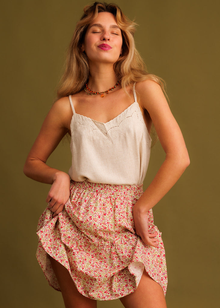 Lotta Skirt — Pink floral mini, on model — MYFASHIONFRUIT