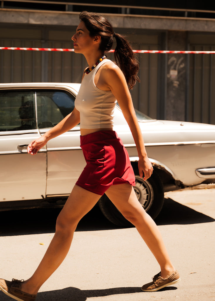 Bobbie Tank Top — Beige top & red shorts on model — MYFASHIONFRUIT