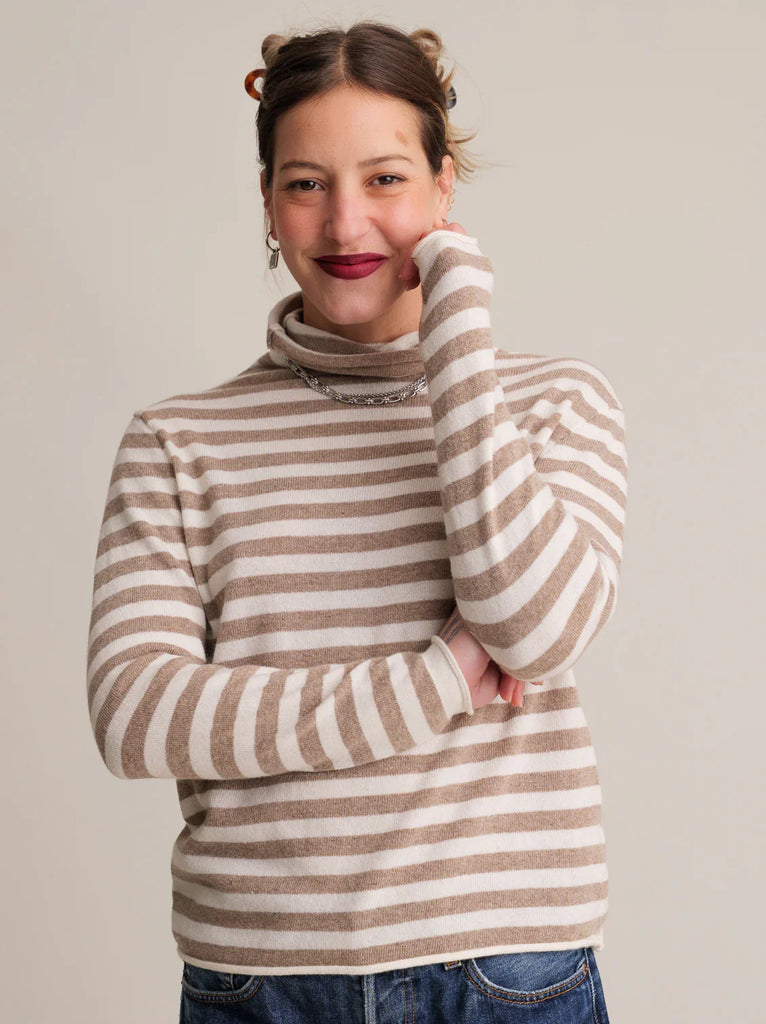 Ginger Jumper — Beige striped knit turtleneck on model — MYFASHIONFRUIT