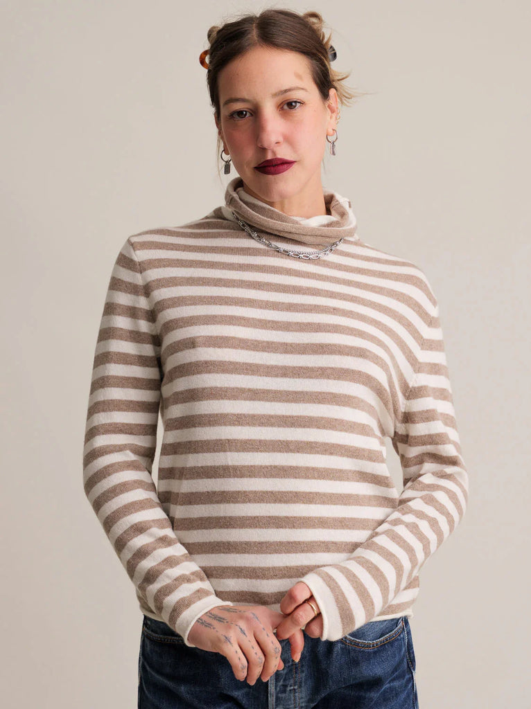 Ginger Jumper — Striped beige knit turtleneck on model — MYFASHIONFRUIT