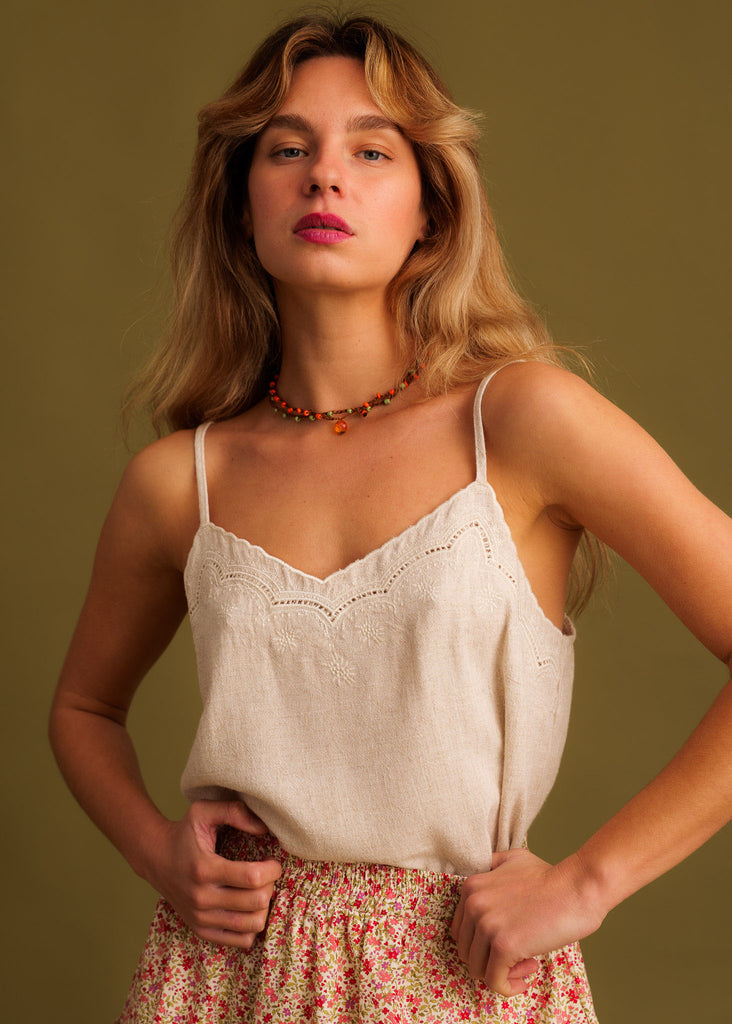 Chamomile Top — Beige linen top on model — MYFASHIONFRUIT