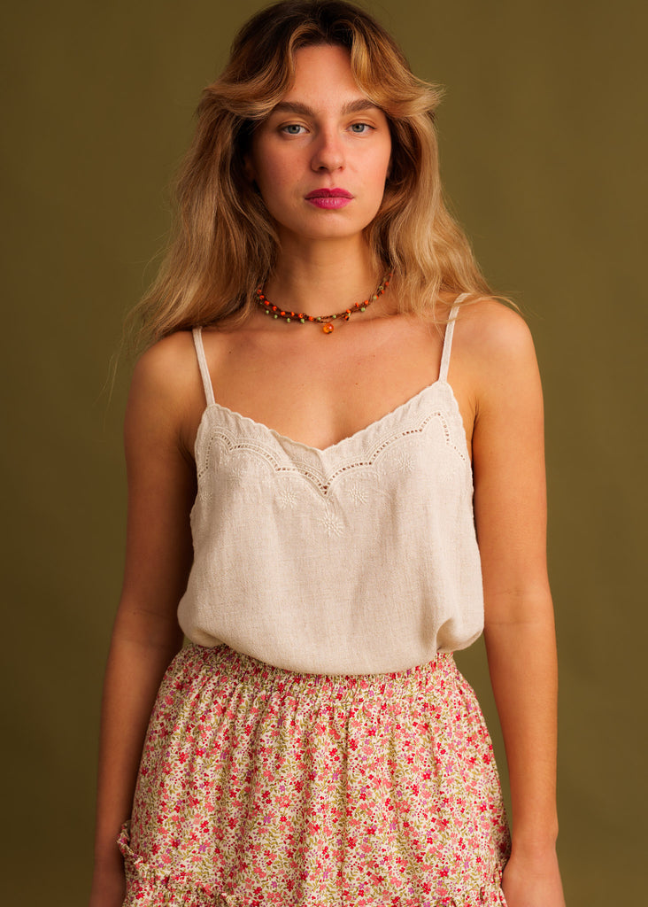 Chamomile Top — linen on model, lace trim, floral skirt — MYFASHIONFRUIT