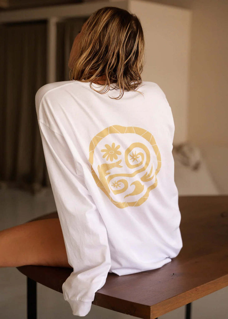Mff Barefoot Unisex Longsleeve — White on model, gold print detail — MYFASHIONFRUIT