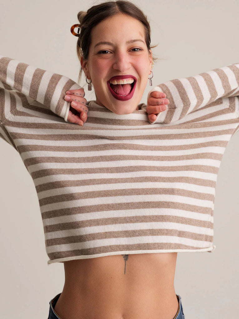 Ginger Jumper — Beige striped knit on model — MYFASHIONFRUIT