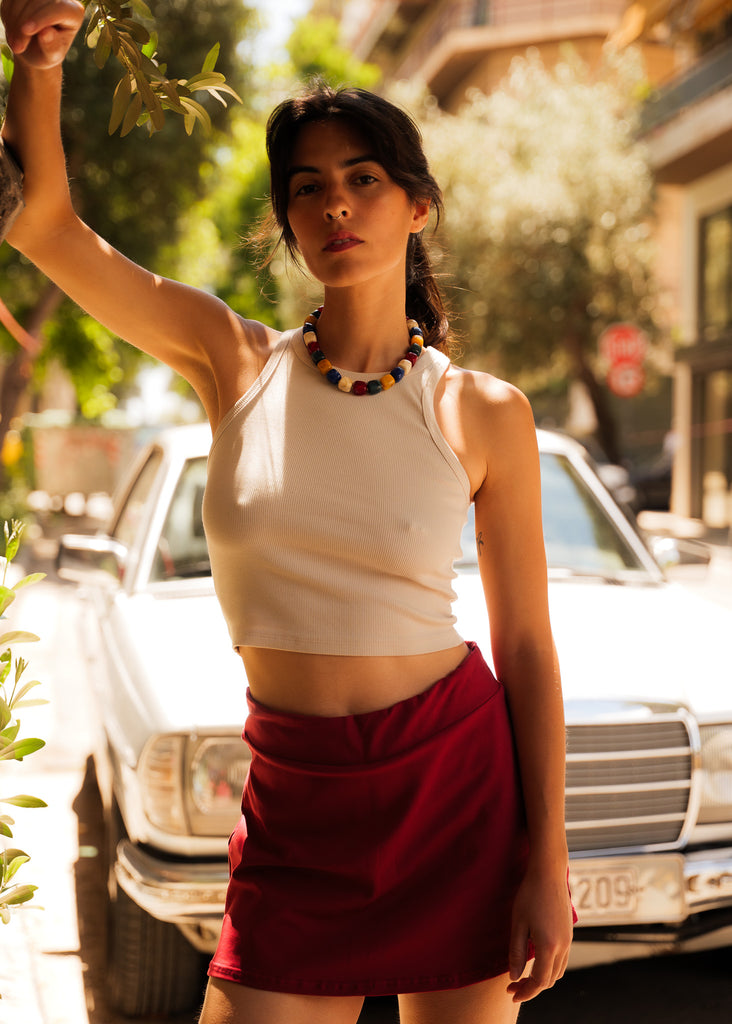 Bobbie Tank Top — on model, with red skirt and beaded necklace — MYFASHIONFRUIT