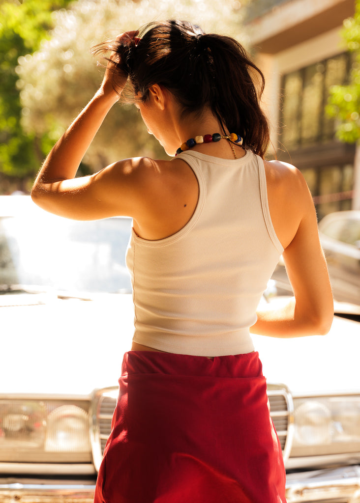 Bobbie Tank Top — on model, cream ribbed knit — MYFASHIONFRUIT