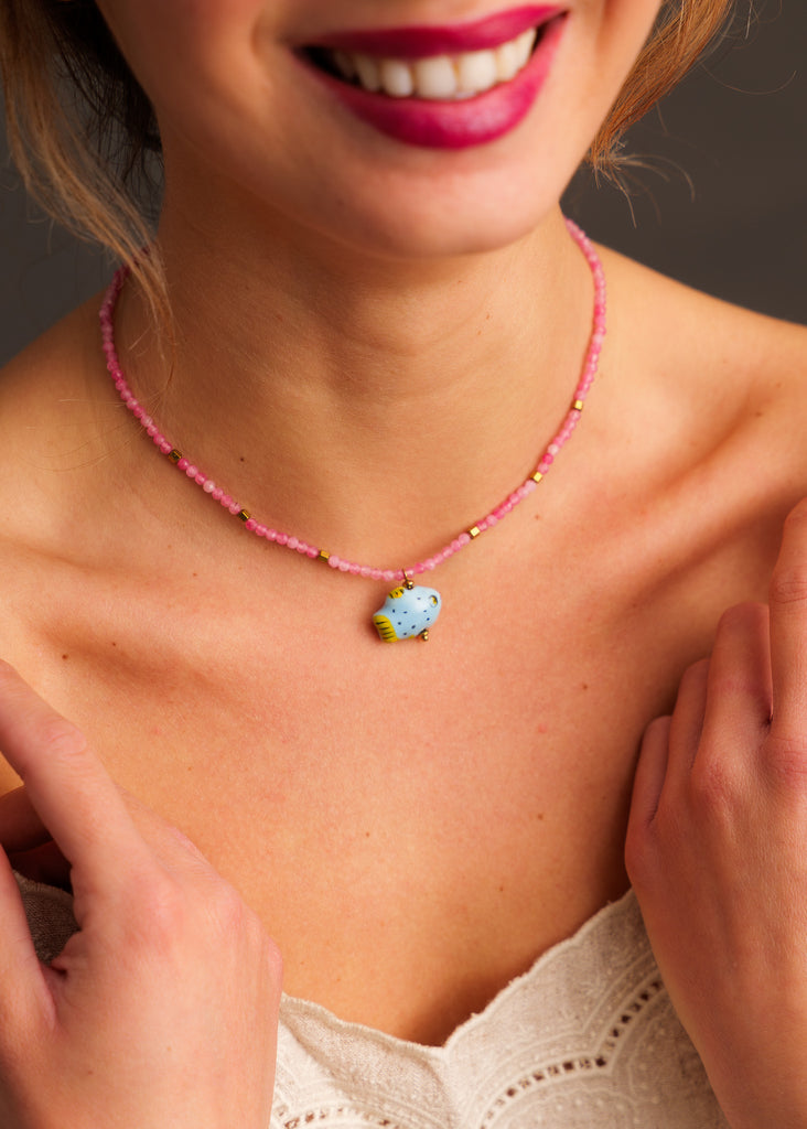 Asherah Necklace — Pink beaded necklace with blue teapot pendant on model — MYFASHIONFRUIT