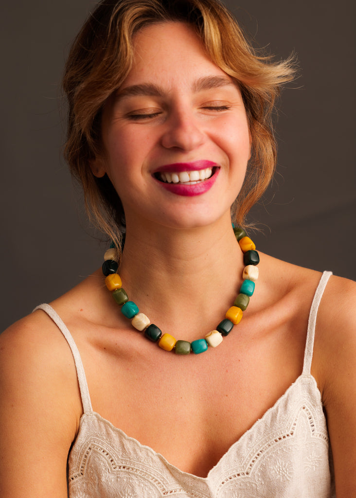 Nia Necklace — On model, colorful cube beads — MYFASHIONFRUIT