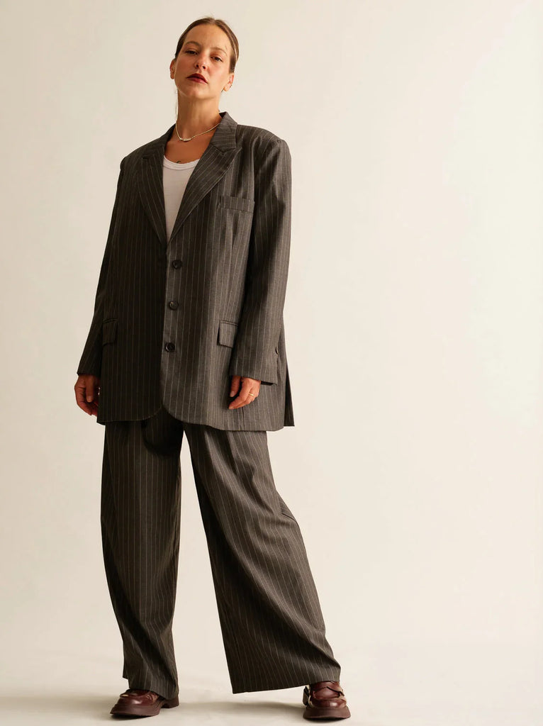 Vy Blazer — Pinstripe suit set on model — MYFASHIONFRUIT
