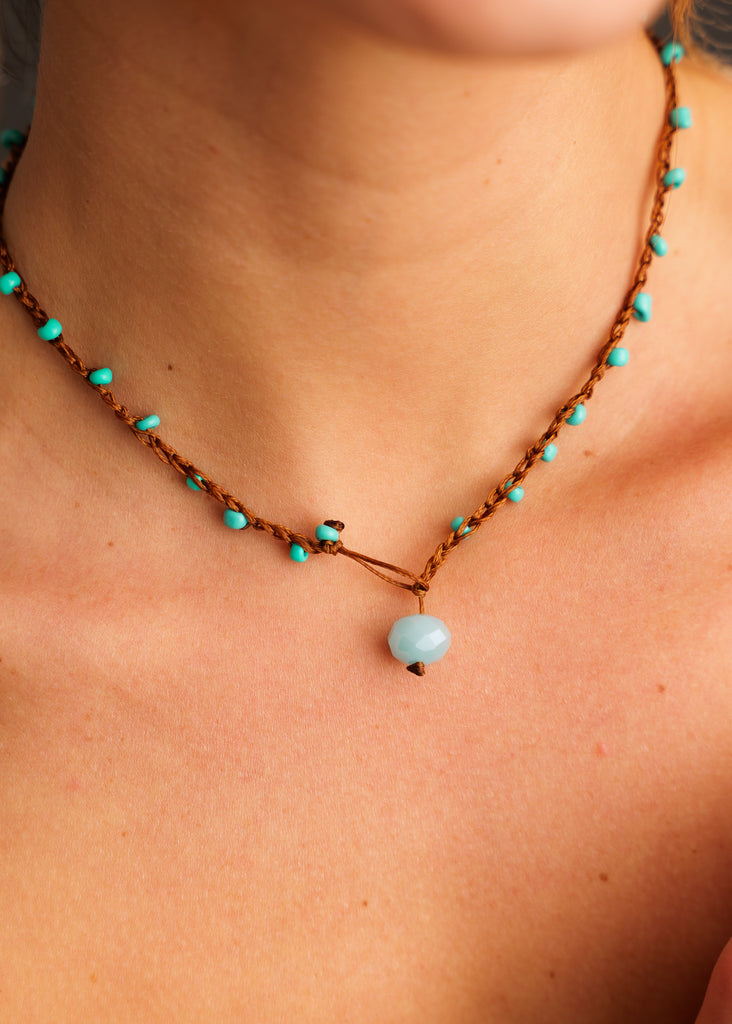 Nirvana Necklet — Brown cord necklace with turquoise beads on model — MYFASHIONFRUIT