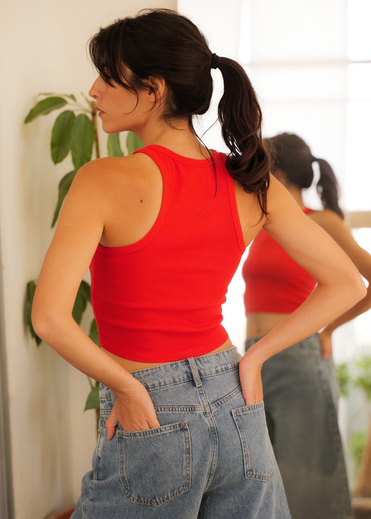 Bobbie Tank Top — Red top on model, back view — MYFASHIONFRUIT