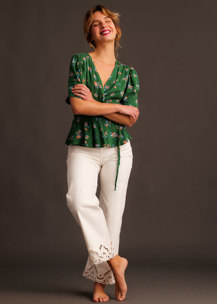 Nola Jeans — White denim with lace trim on model — MYFASHIONFRUIT