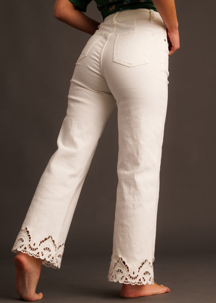 Nola Jeans — White denim, lace detail on bottom, on model — MYFASHIONFRUIT