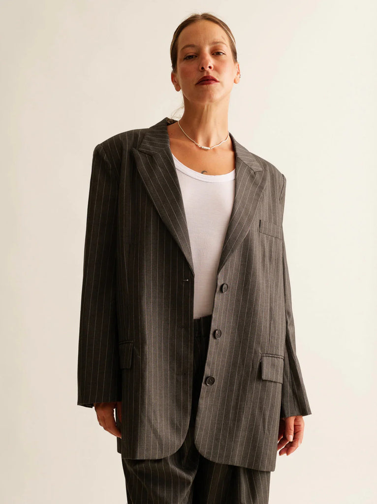 Vy Blazer — Pinstripe blazer on model — MYFASHIONFRUIT
