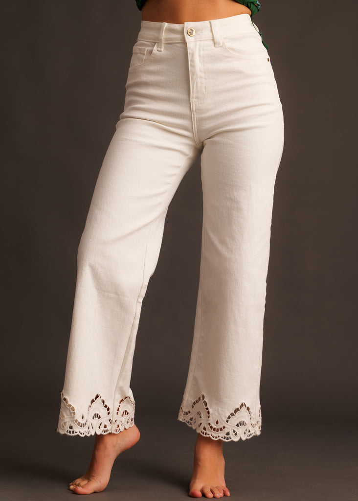 Nola Jeans — White denim with lace hem on model — MYFASHIONFRUIT