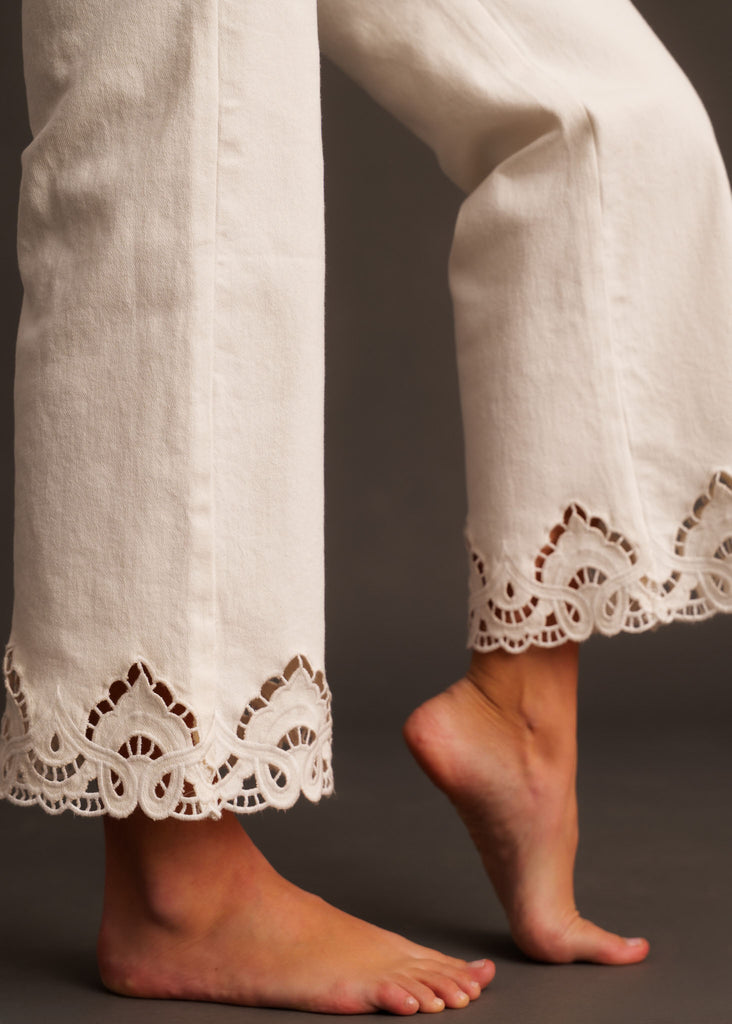 Nola Jeans — White denim, lace detail, on model — MYFASHIONFRUIT