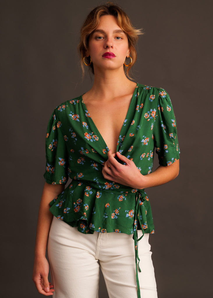 Mazzi Wrap Top — Green floral top on model — MYFASHIONFRUIT
