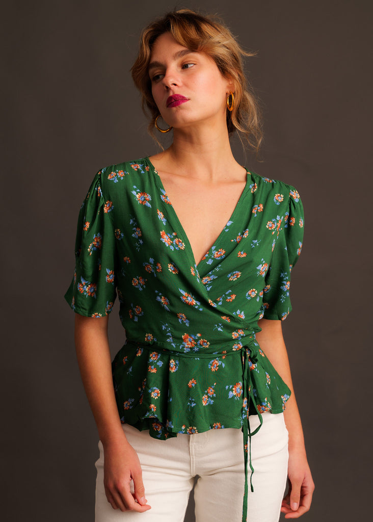 Mazzi Wrap Top — Green floral wrap top on model — MYFASHIONFRUIT