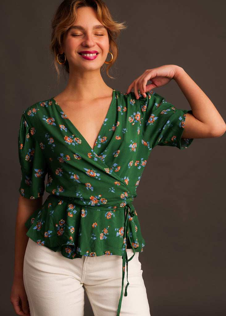 Mazzi Wrap Top — Green floral wrap top on model — MYFASHIONFRUIT