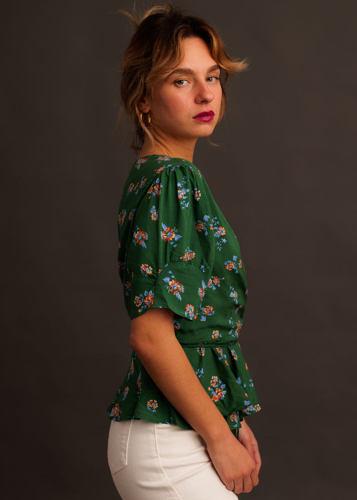 Mazzi Wrap Top — Green floral top on model — MYFASHIONFRUIT