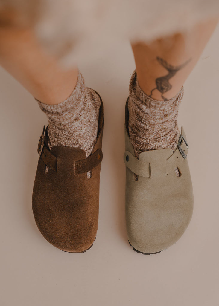 Bilbao Suede Clogs — Brown and sage green clogs on model with socks — MYFASHIONFRUIT